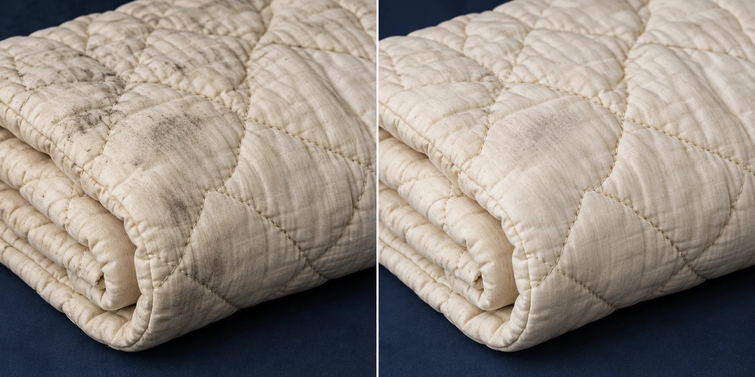 AI-generated comparison: the same ivory quilt with smoke-related surface discoloration on the left and reduced discoloration on the right; not an actual project result