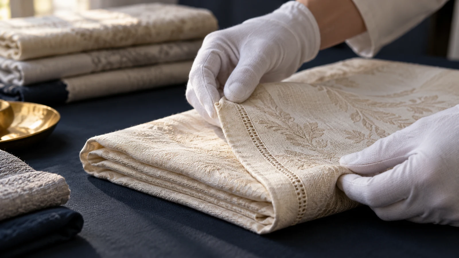 Illustrative close-up of gloved hands carefully assessing an ivory textile